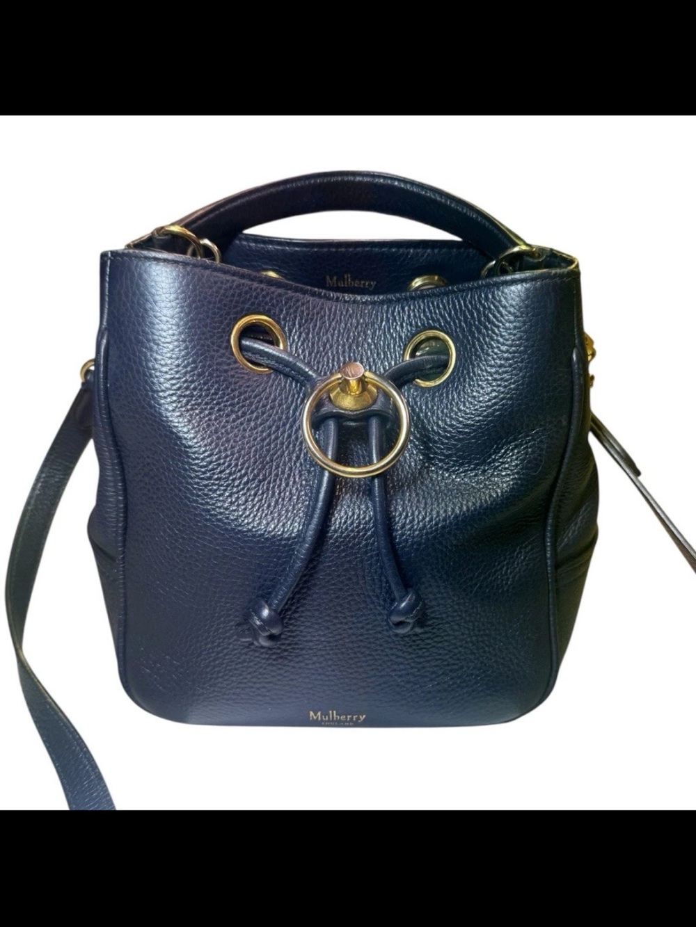 Mulberry Navy Pebbled Leather Drawstring Bucket Crossbody